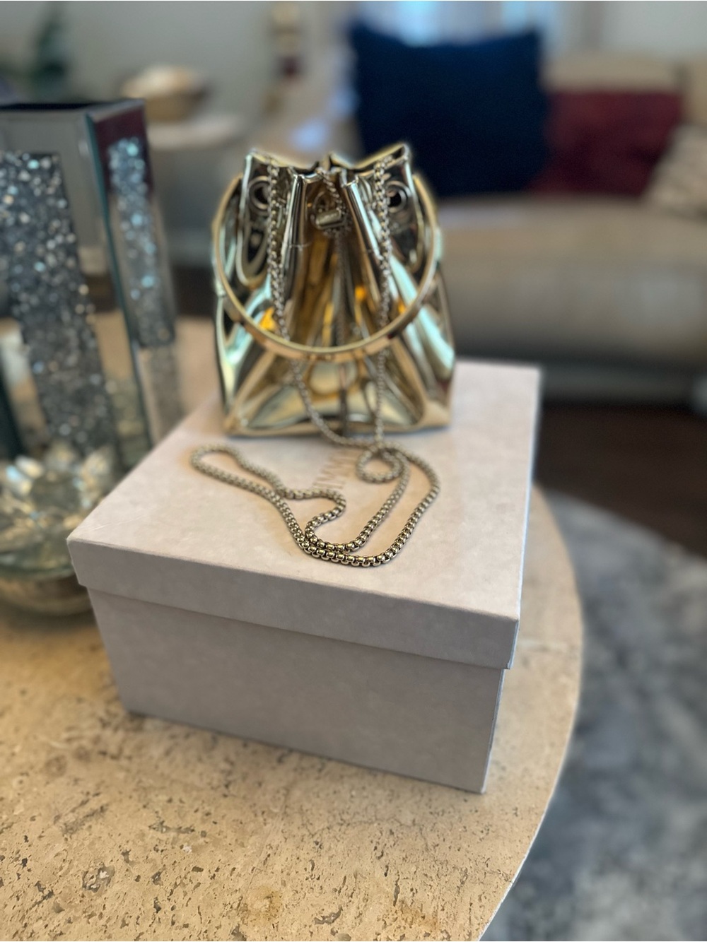 Jimmy Choo Gold Metallic Mini Drawstring Bucket Bag - Picture 5 of 13